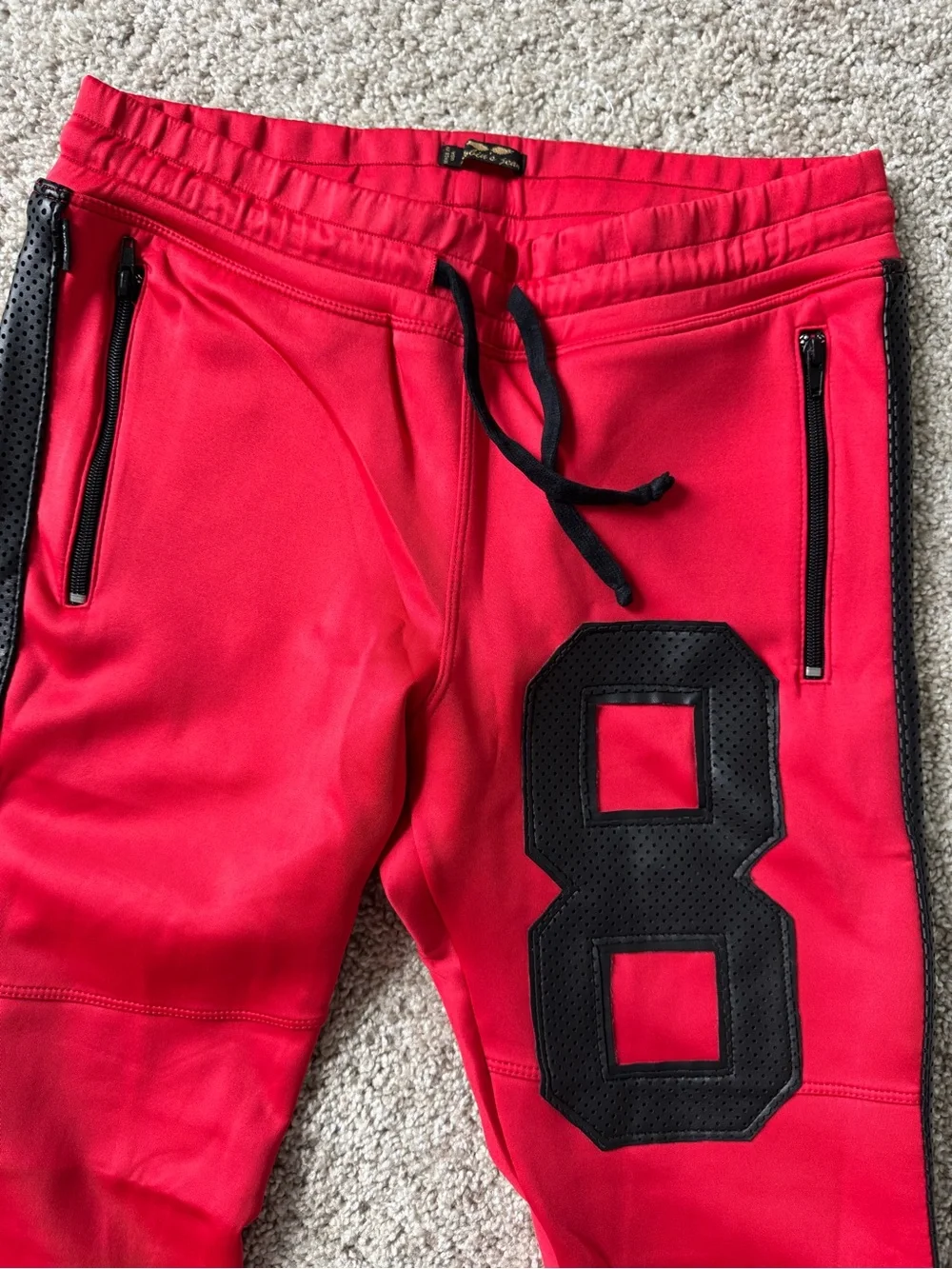 Robin's Jean Red Joggers with Black Side Panels & Number 8